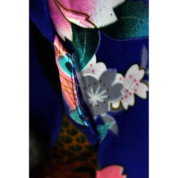 Blue Satin Japanese Kimono Style Floral Peacock Womens M Short Tie Robe - Picture 10 of 12